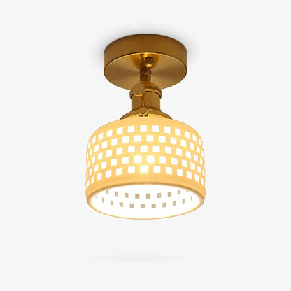 Flush mount grid ceramic ceiling light with brass canopy