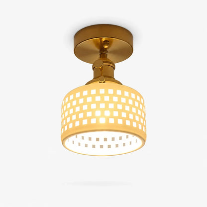 Flush mount grid ceramic ceiling light with brass canopy