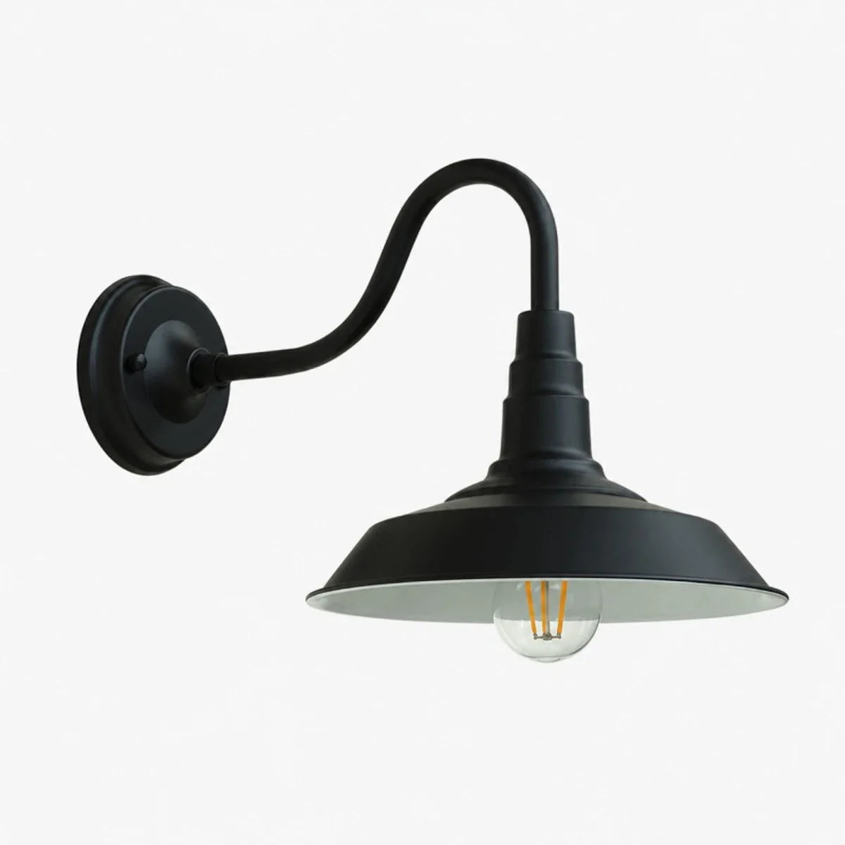 Black gooseneck wall light with round shade on white background