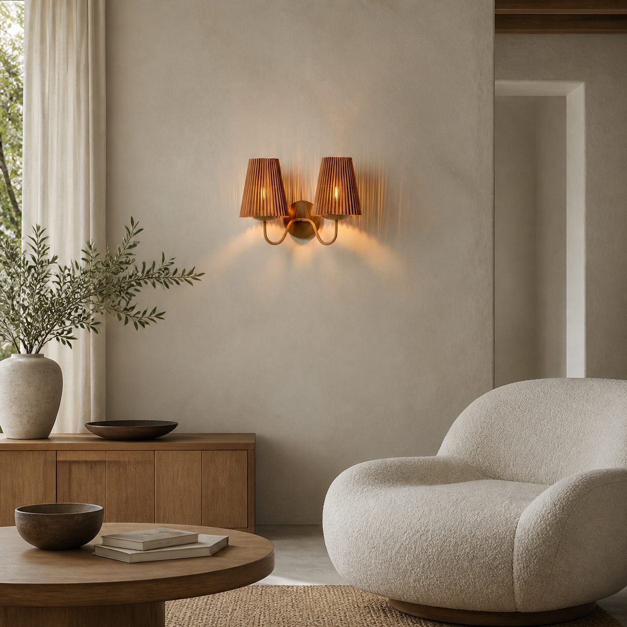 Zhoove Bambus-Wandleuchte – Plissiertes Naturschirmdesign für Wohnzimmer oder Schlafzimmer