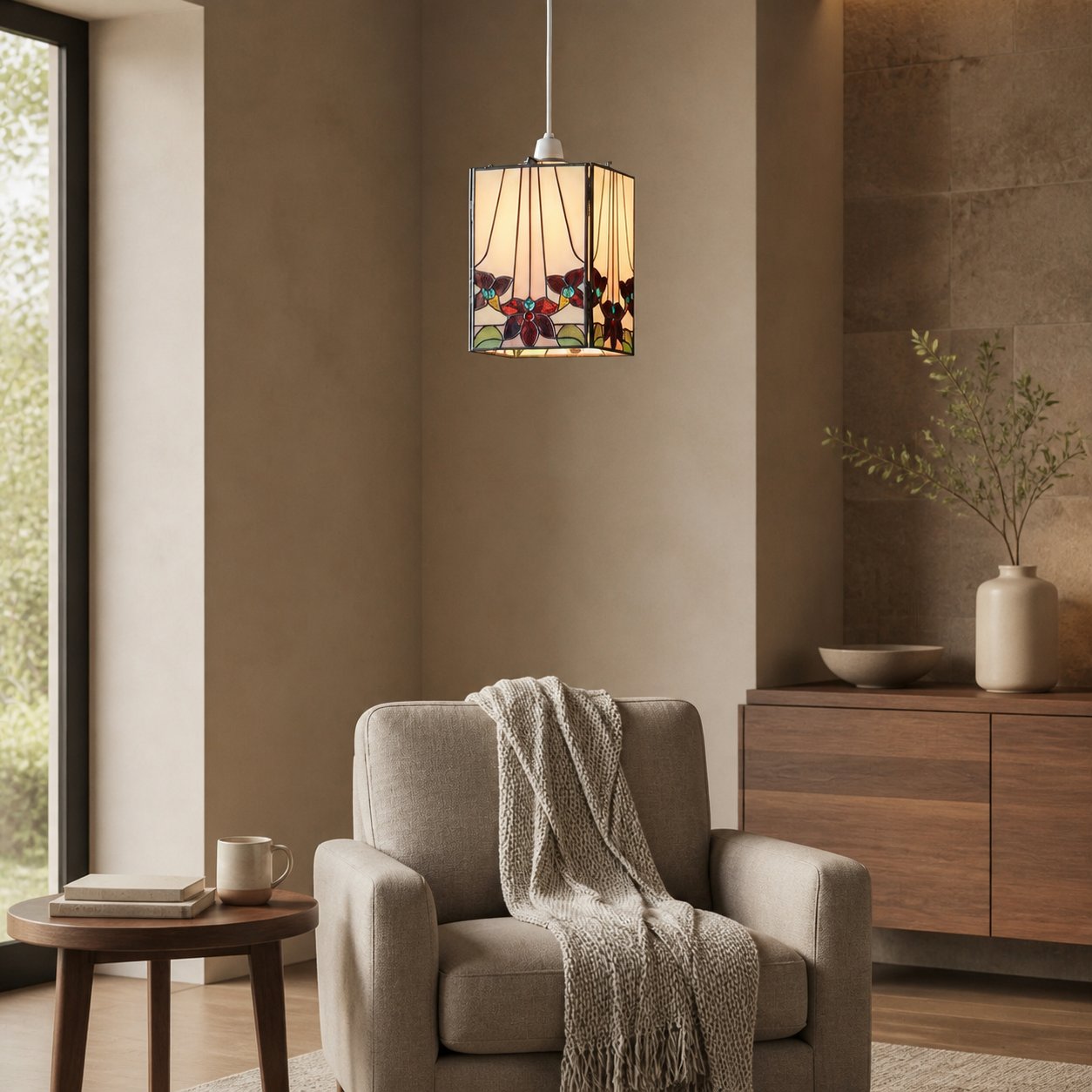 TF Camillo Mosaic Tiffany Glass Pendant Light - Square Lantern Shade - Artisan Home Décor Accessory