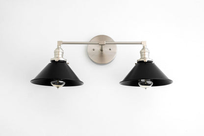Conique Metal Dual Black Sconce with Cone Shades - Industrial Vanity Wall Light for Mirror