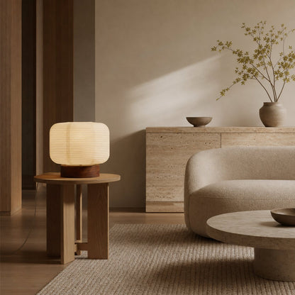Tivo Japanese Ribbed Lampshade Compact Table Lamp - A Minimalist Paper Lantern Design with Wood Base