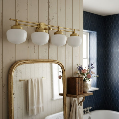 Opalume Glass Art Deco Vanity Light - Bathroom Wall Sconce with White Glass Shades