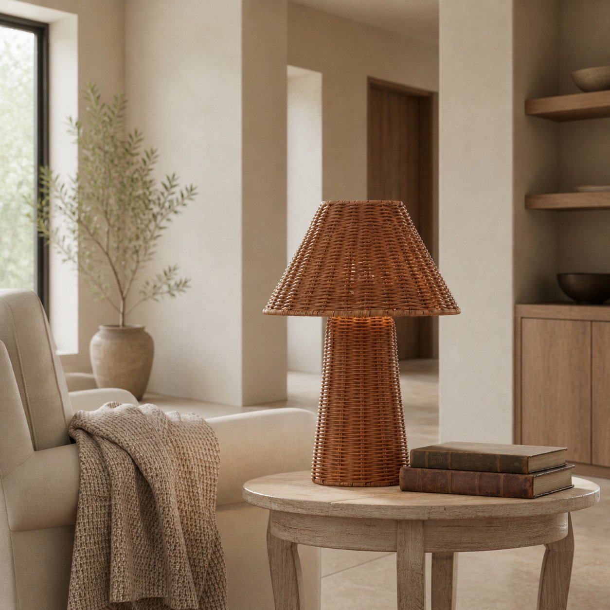 Wickara Sculptural Rattan Mini Table Lamp - Natural Woven Finish Suitable for Side Tables & Entryways
