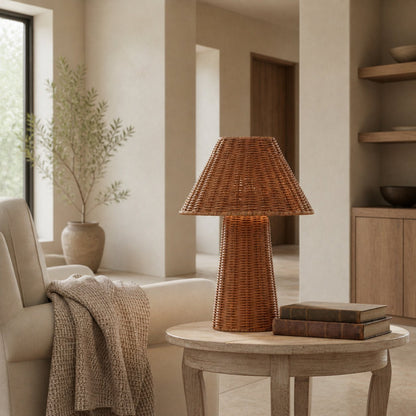 Wickara Sculptural Rattan Mini Table Lamp - Natural Woven Finish Suitable for Side Tables & Entryways