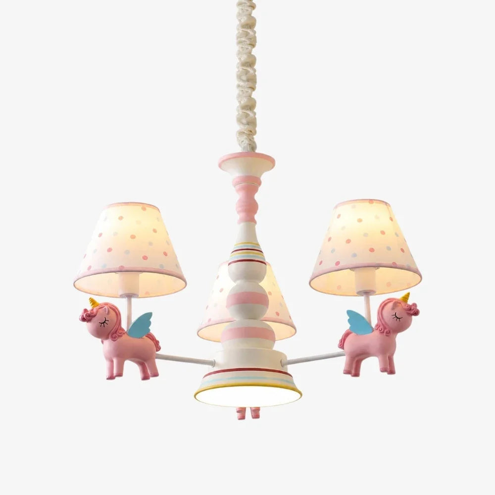 Pink kids room chandelier with three fabric shades