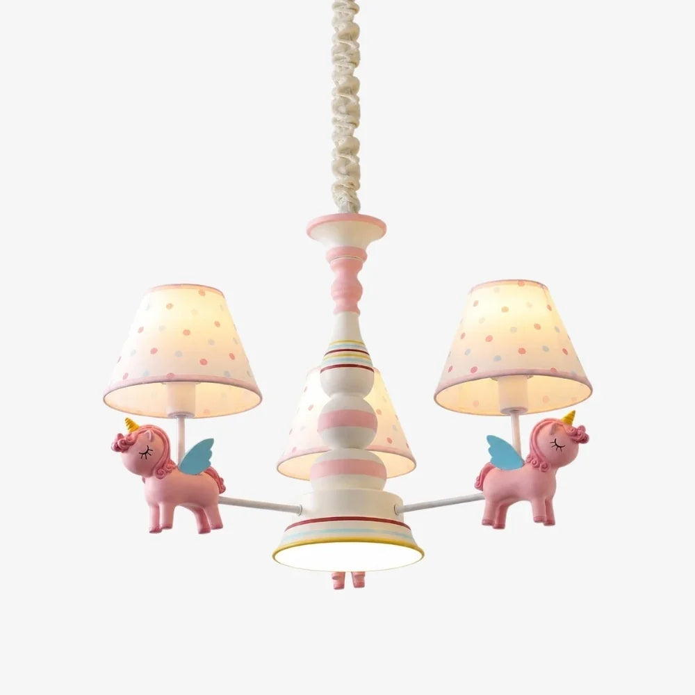 Pink kids room chandelier with three fabric shades