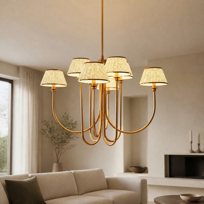 Ruchee Chandelier – Layered Fabric Shade Brass Ceiling Light for Dining or Living Spaces