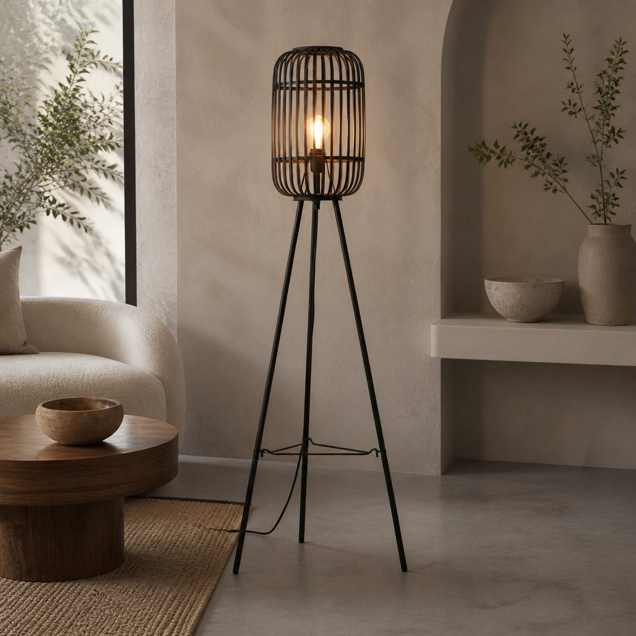 Yumeko Stehlampe aus Naturgewebe – Moderne skandinavische Stehlampe mit Bambusschirm für Schlaf- oder Wohnzimmer