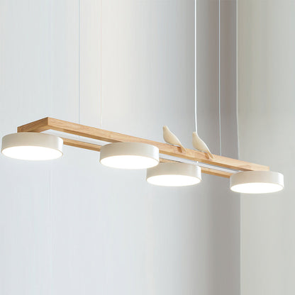 Vogel-Kronleuchter, Holzbalken, Metall, Acrylharz, integrierte LED, helles weißes Licht