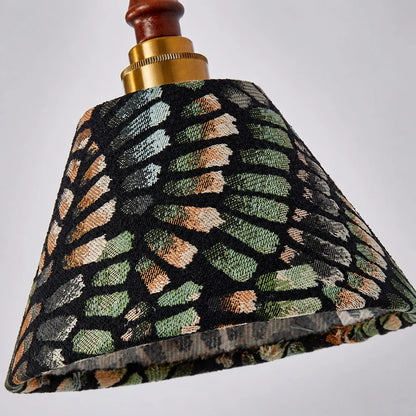 Fabric shade and wood hardware detail