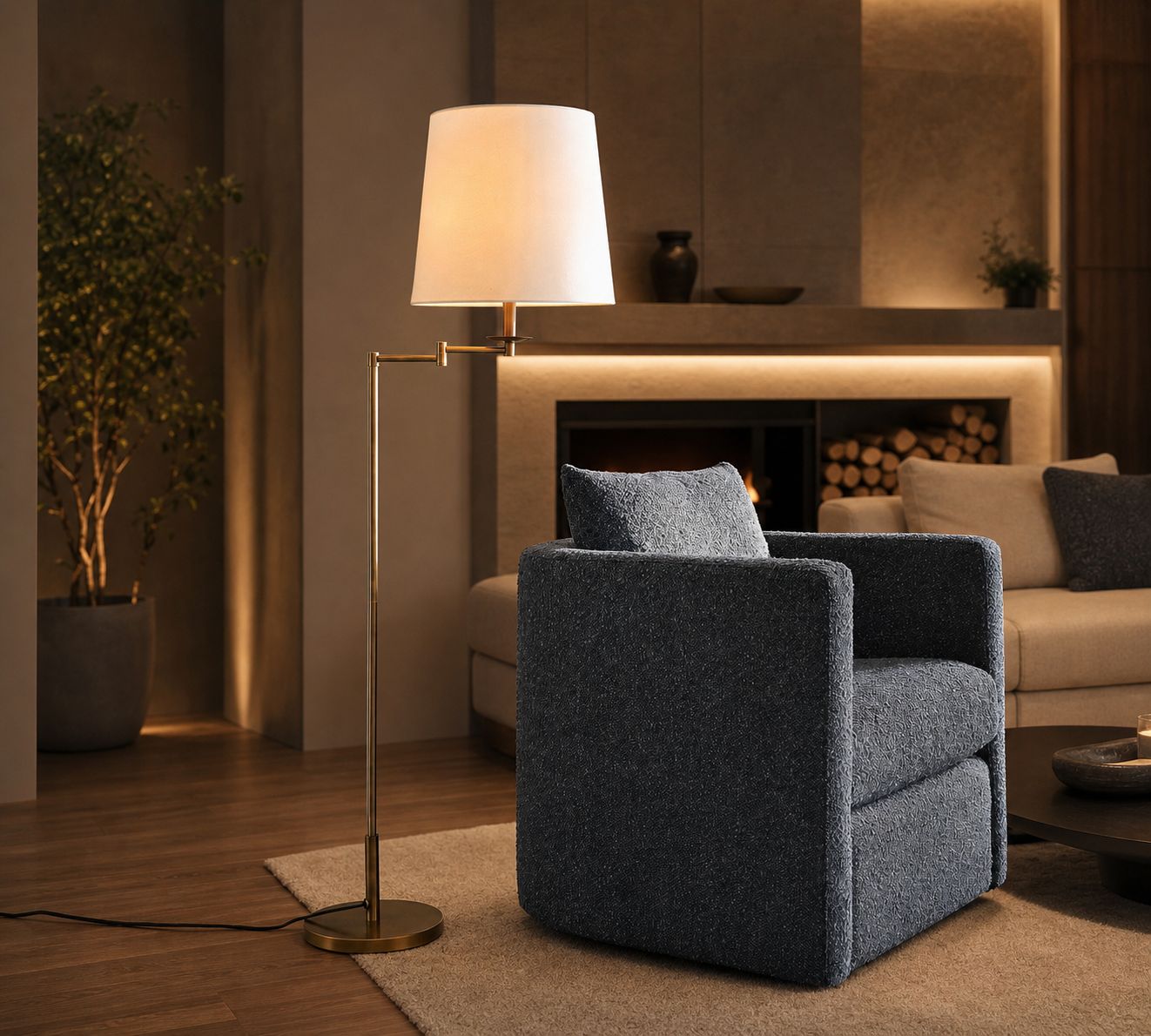 Rowan Schlanke Articulating Floor Lamp mit Leinenlampenschirm für fokussiertes Licht