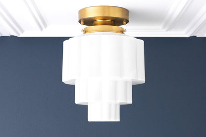 Geotower Glass Brass Ceiling Light – Art Deco Ribbed Globe Flush Mount