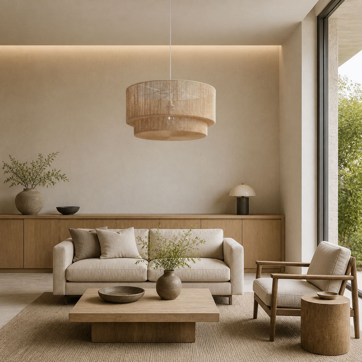 Florevianische Hängeleuchte aus gewebtem Jute – Boho-Chic-Trommelpendelleuchte für Wohn- oder Esszimmer