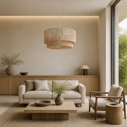 Florevianische Hängeleuchte aus gewebtem Jute – Boho-Chic-Trommelpendelleuchte für Wohn- oder Esszimmer