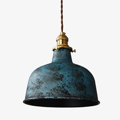 Distressed blue rounded dome pendant lamp on white background