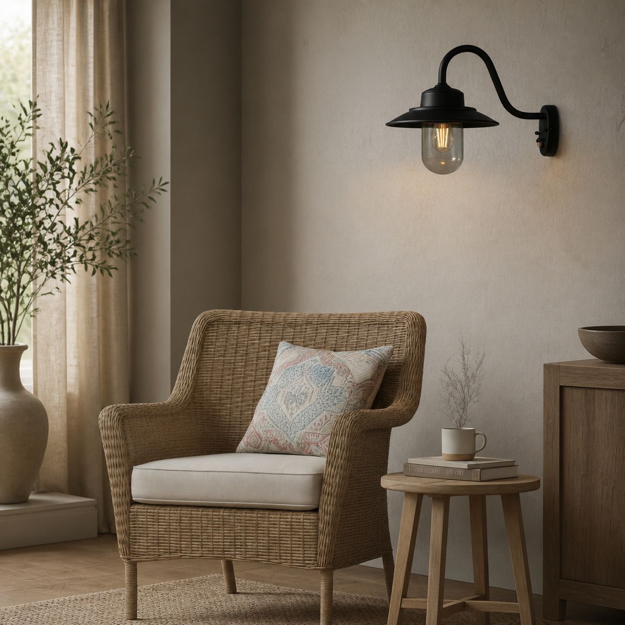 Trevanta Arched Arm Design Wall Light - Black Painted Sensor Lantern Style for Small Spaces