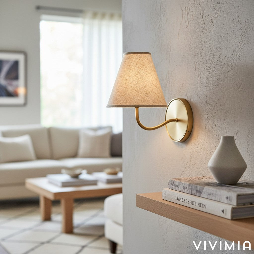 Fibura Contemporary Metal Sconce with Soft Linen Shade Subtle Silhouette for Living Rooms and Corridors