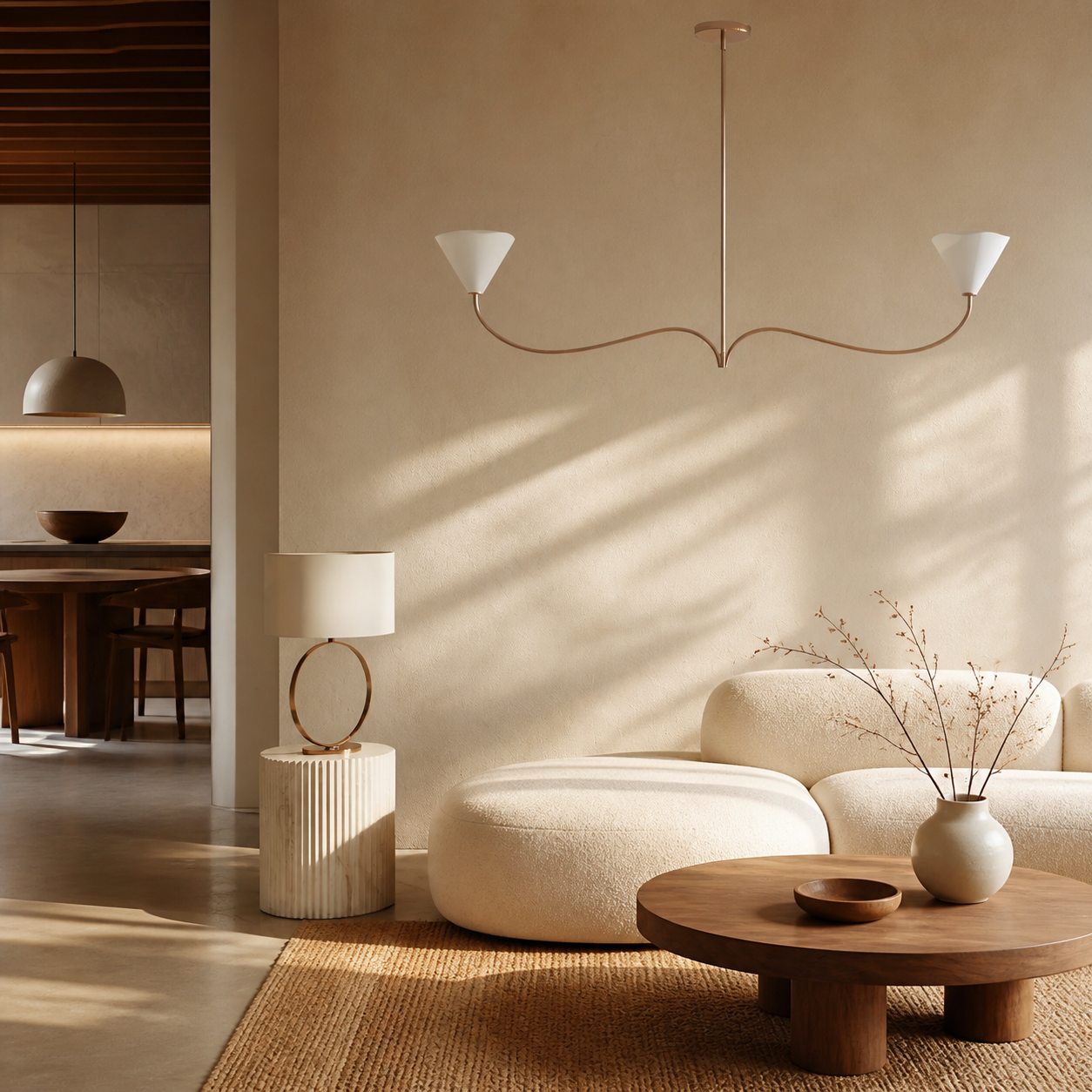 Kysara Linear Kronleuchter – Gebogene Lampenarme und Stoffschirme eignen sich für Wohn- oder Esszimmer.