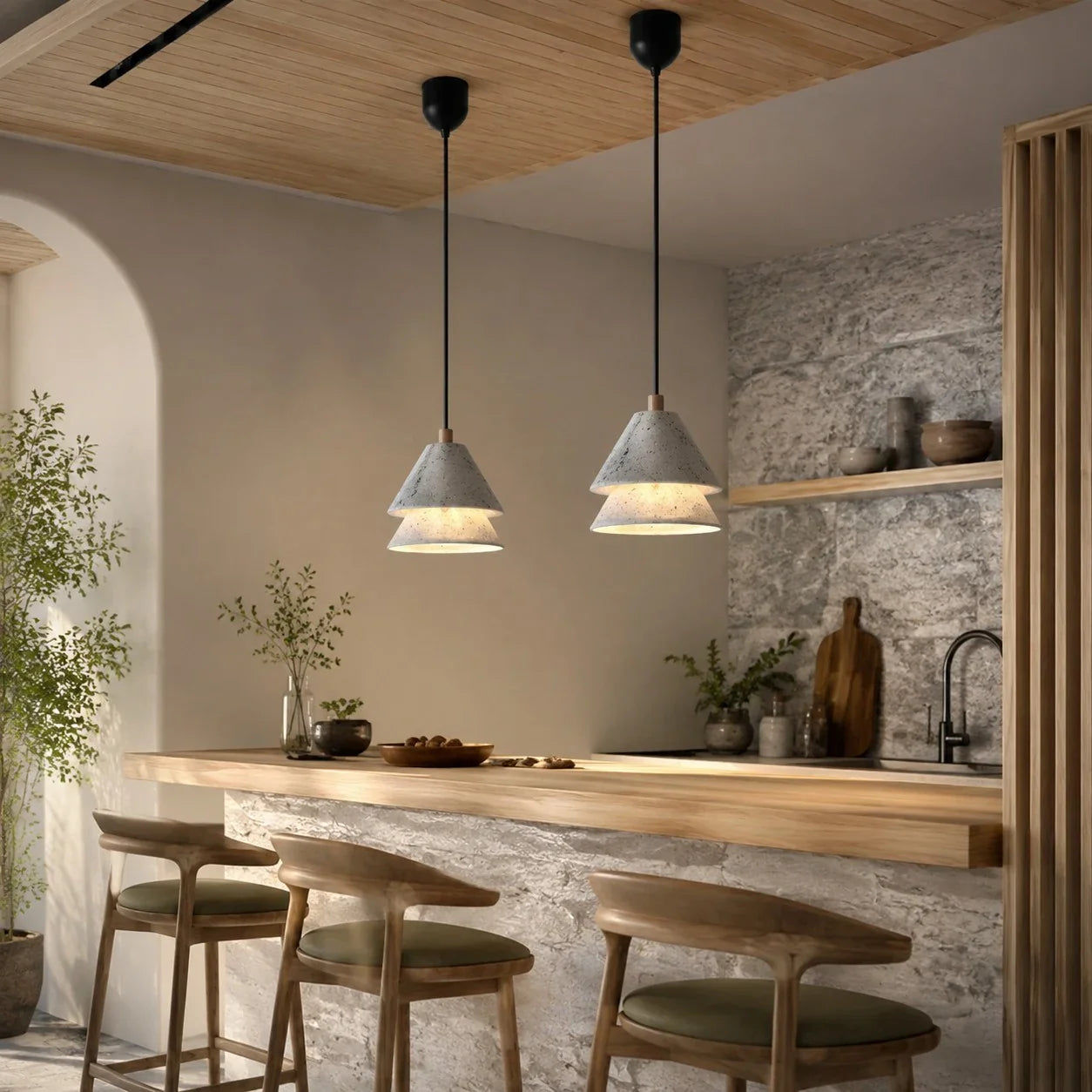 Grey Stone Pendant Light with Paper Diffuser