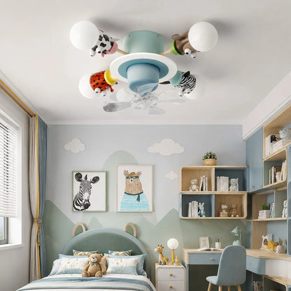 Blue kids animal ceiling fan light mounted in a child bedroom