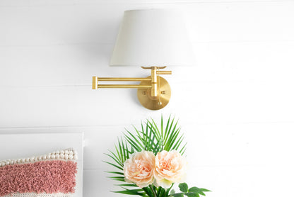 Ornato Brass Swing Arm Wall Sconce with White Cloth Shade for Bathroom Vanity or Hallway