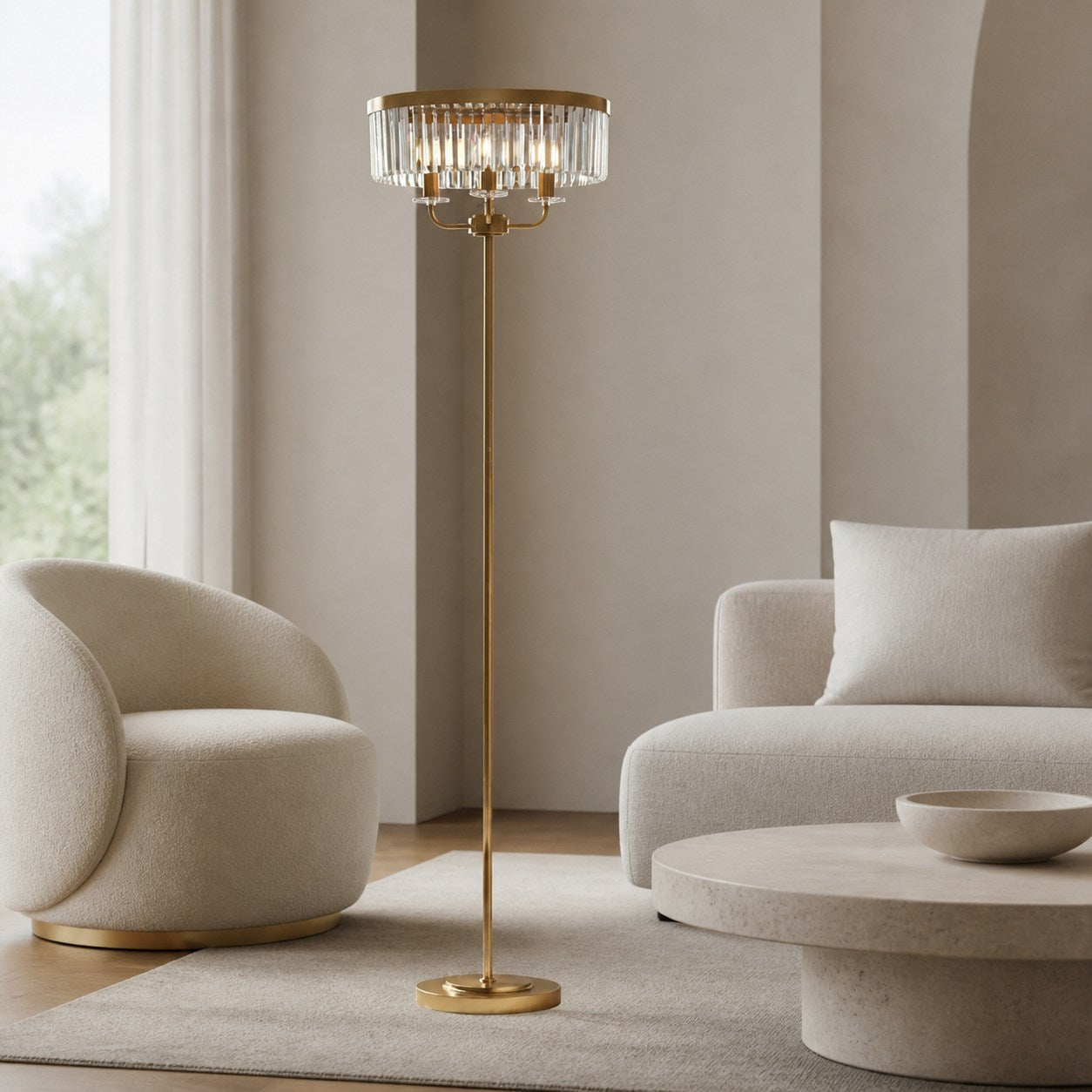 Beveline 3 Light Round Floor Lamp - Faceted Cut Glass Shades Classic Metal Finish For Living Rooms