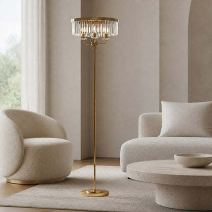 Beveline 3 Light Round Floor Lamp - Faceted Cut Glass Shades Classic Metal Finish For Living Rooms