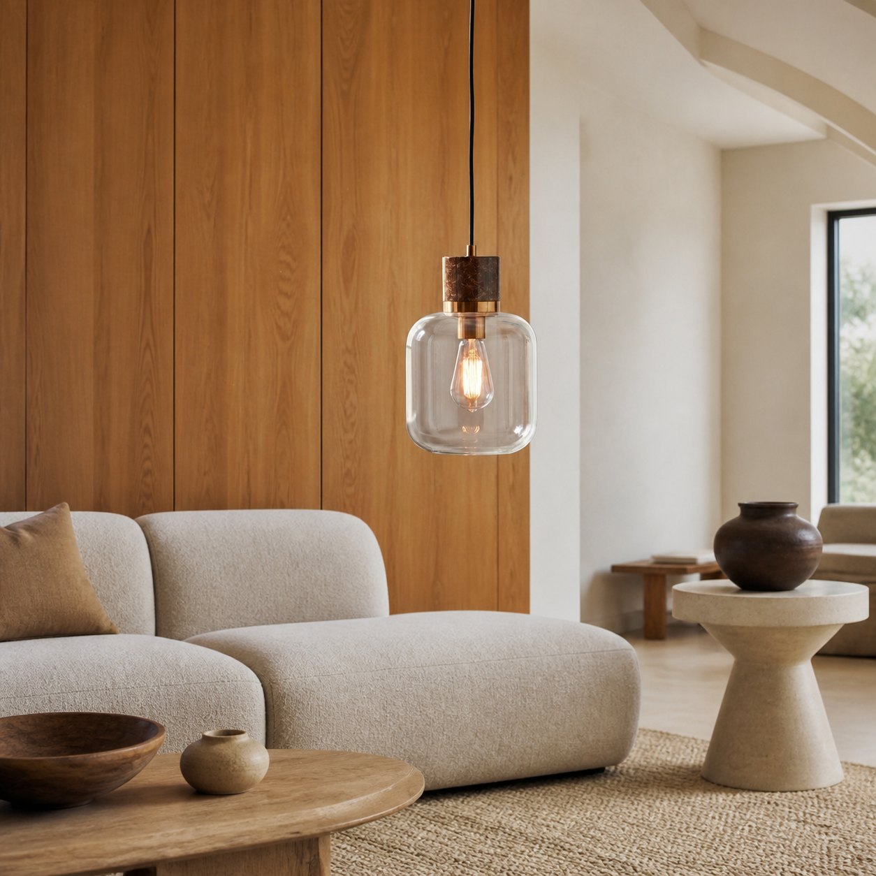 Korlisse Pendelleuchte aus Naturstein und Glas – Stilvolle Lampe für Wohnzimmer oder Lounge