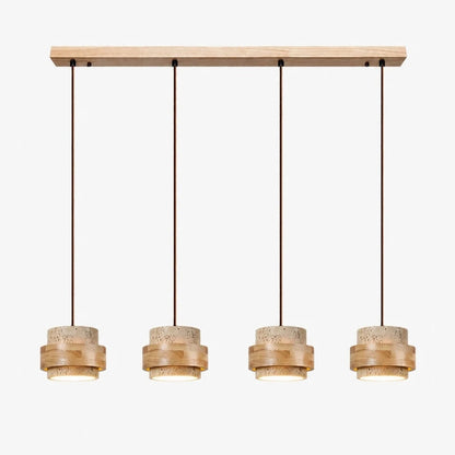 Travertine wood four light linear pendant lamp full view