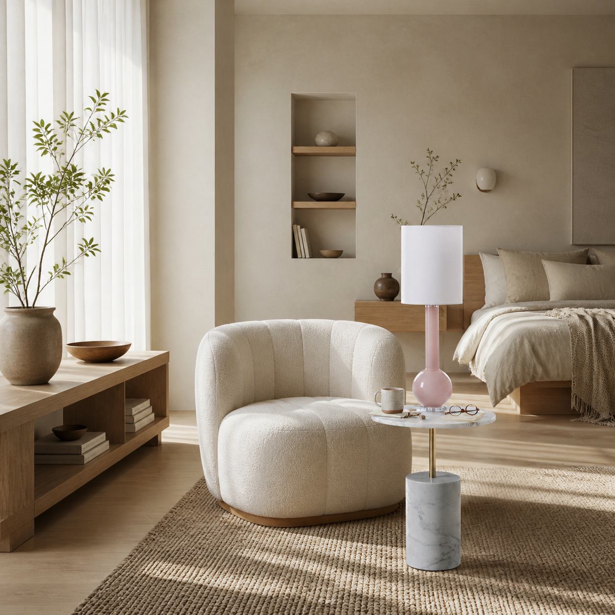 Savara Minimalistische Tischleuchte – Klare Glasform mit Stoffschirm für Schlafzimmer