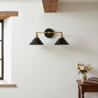 Conique Metal Dual Black Sconce with Cone Shades - Industrial Vanity Wall Light for Mirror