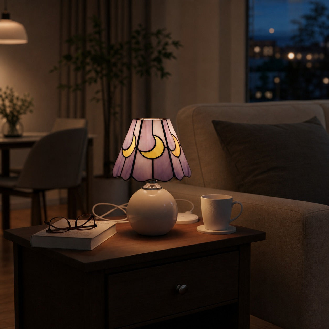 Stellum Mushroom Moon Stained Glass Table Lamp Artistic Accent Light Ceramic Base for Living Spaces