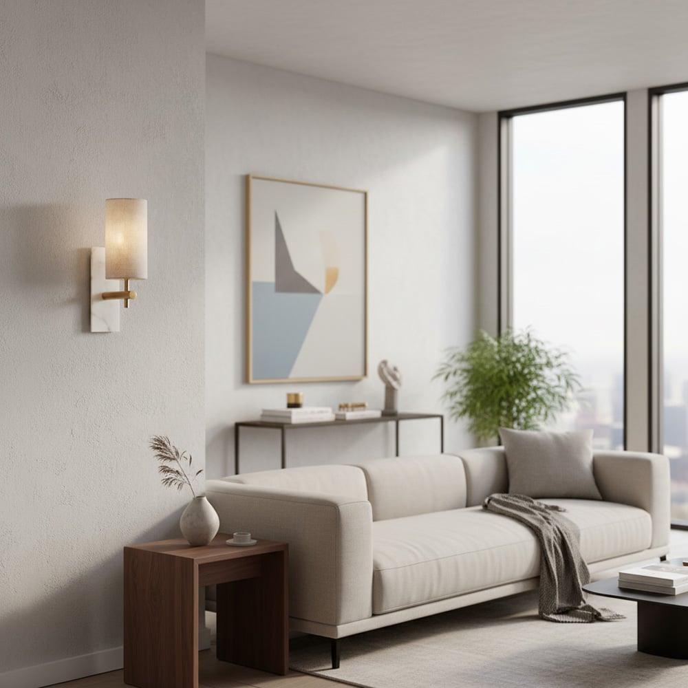 Vintage Wandleuchte aus Messing und Marmor – Lampenschirm aus natürlichem Leinen