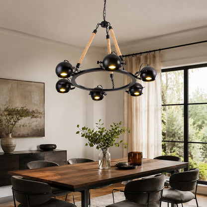 Industrial Rope Chandelier with Adjustable Rounded Heads