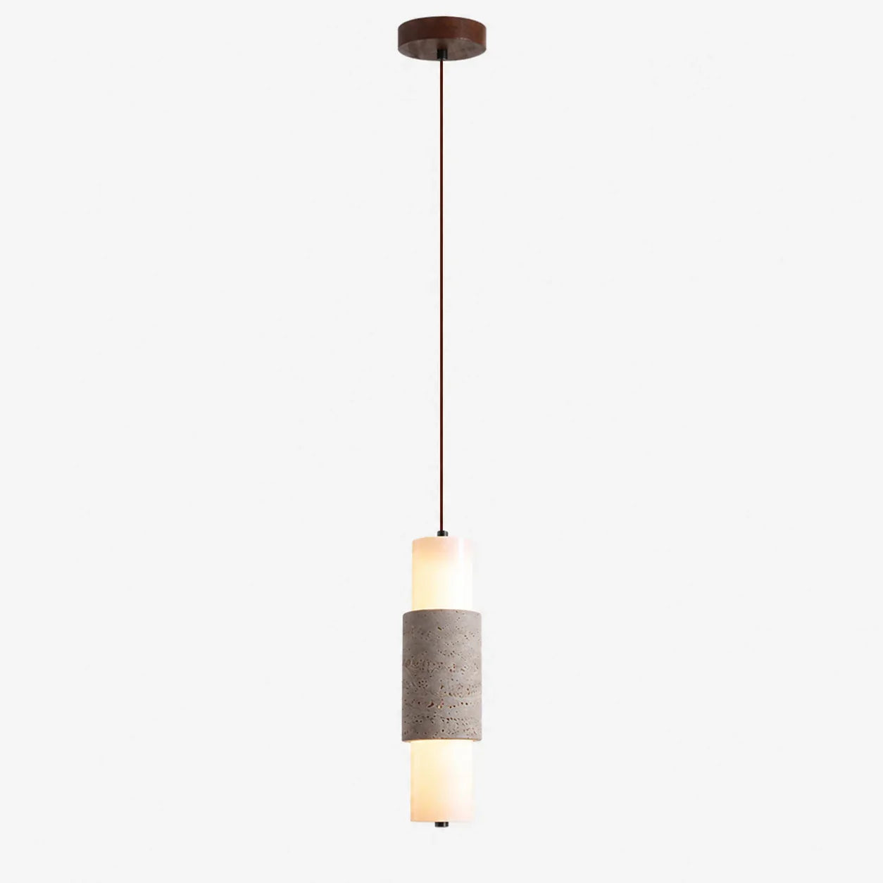 Full drop view of the slim travertine pendant lamp and ceiling canopy