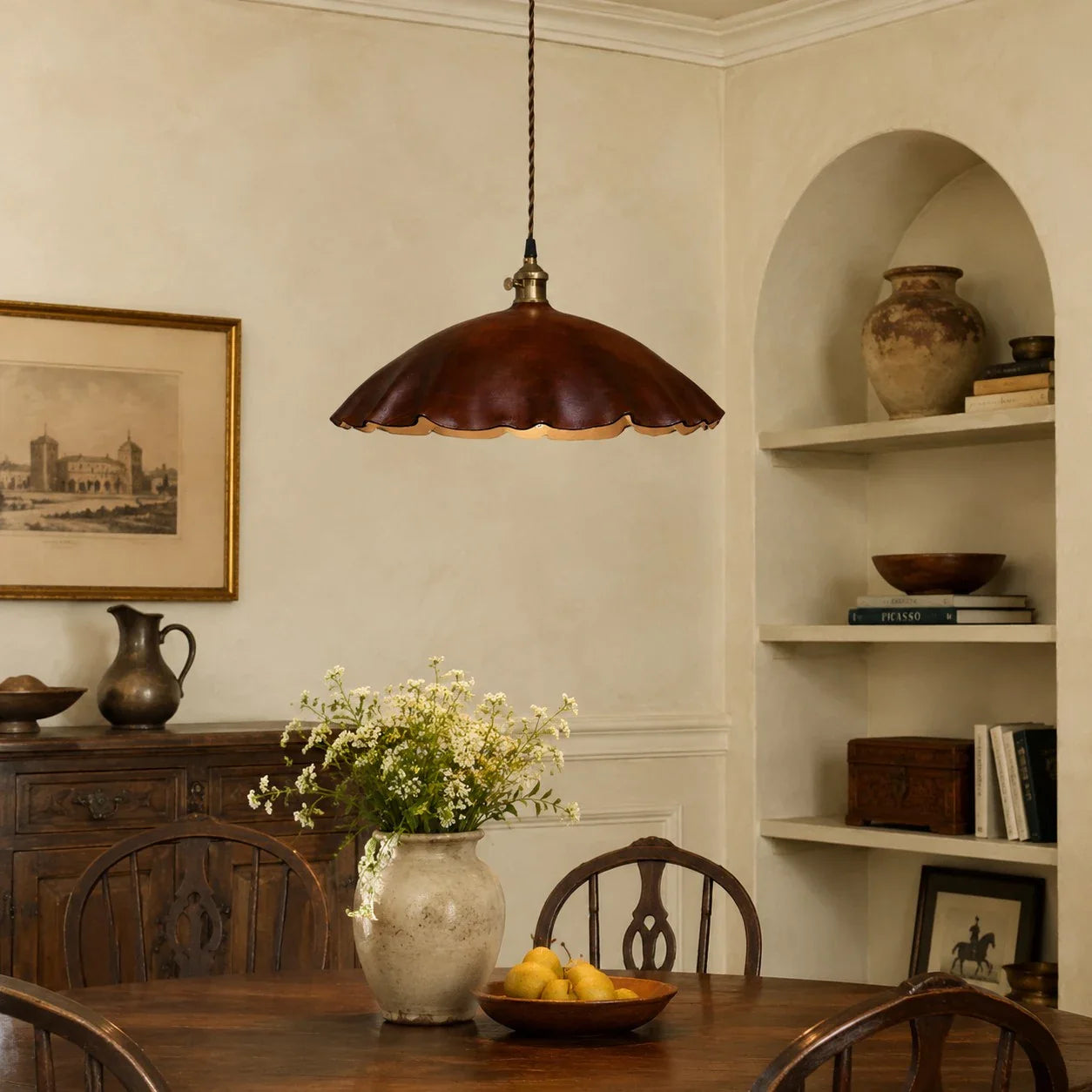 Leather pendant lamp in a quiet reading corner scene
