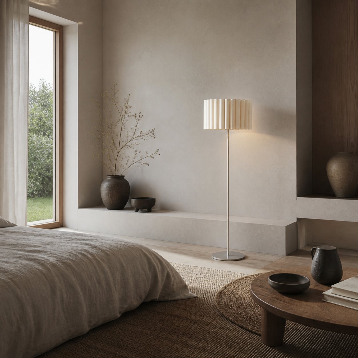 Velura Stehleuchte – Beige Leinenschirm und Metallgestell