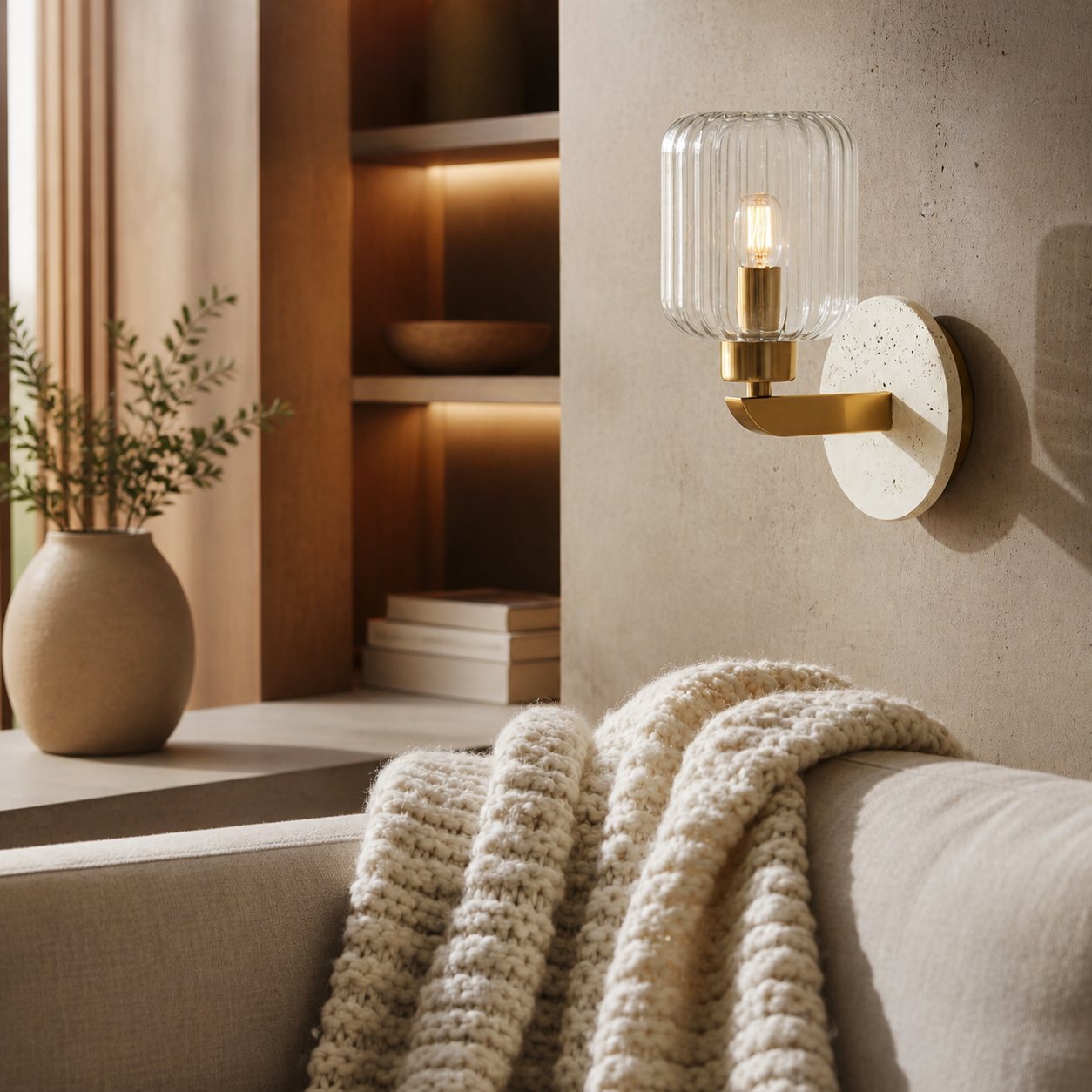 Korlisse Modern Marble Wall Light - Vintage Brass & Clear Glass Accent for Living Room and Hallway