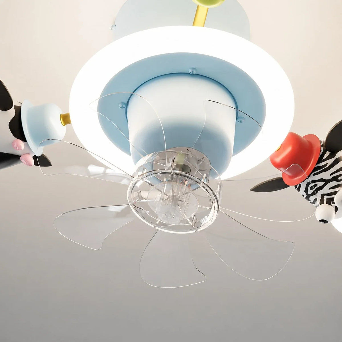 Close view of the transparent fan blades and blue lamp body