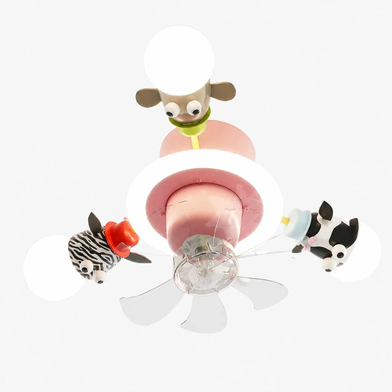 Pink 3-head kids animal ceiling fan light on white background
