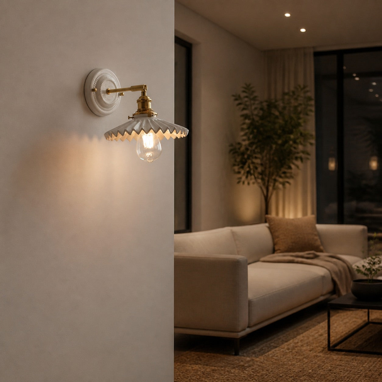 Japanische Vintage Wandlampe aus Keramik und Messing mit 1 Leuchte