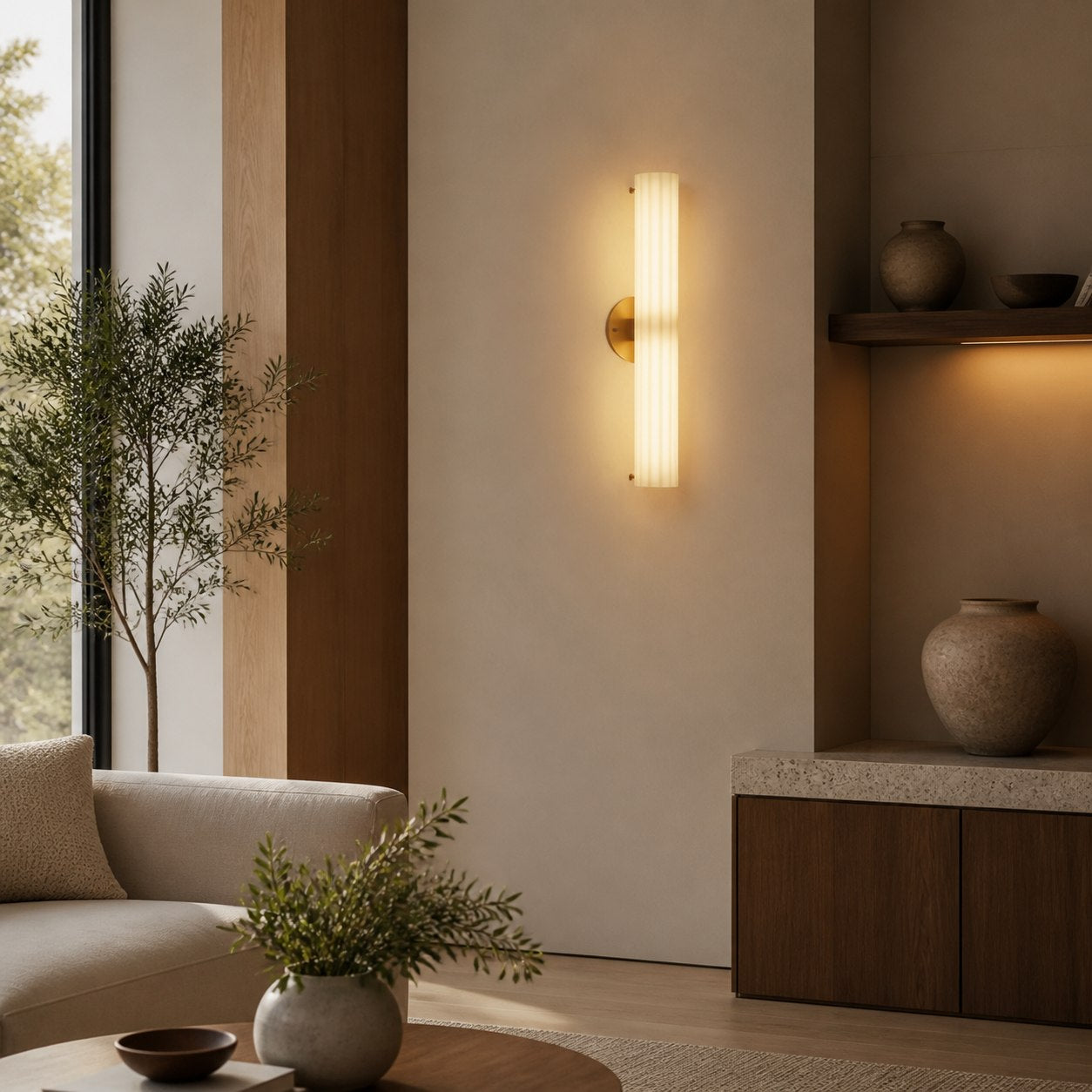 Trenia Stahl-Wandleuchte mit Milchglasschirm – Vertikal geripptes Design