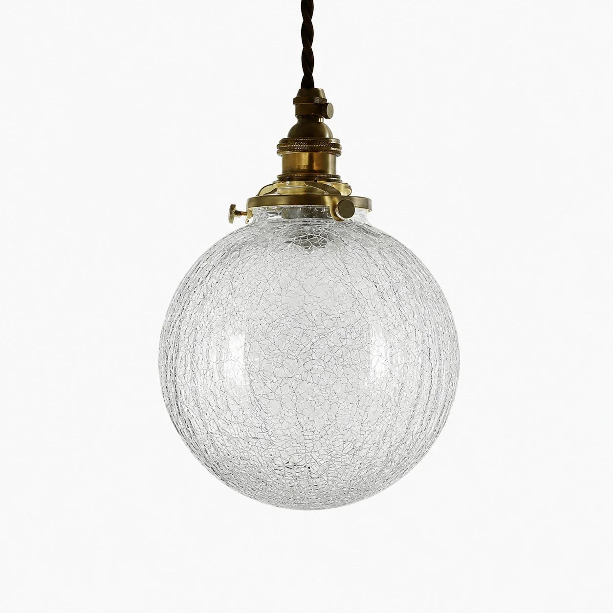 Style A brass pendant light with round clear crackle glass shade