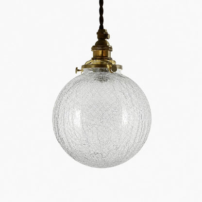 Style A brass pendant light with round clear crackle glass shade