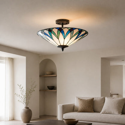 TF Allanton Tiffany Semi Flush Ceiling Light – Art Nouveau Patterned Shade for Living or Dining