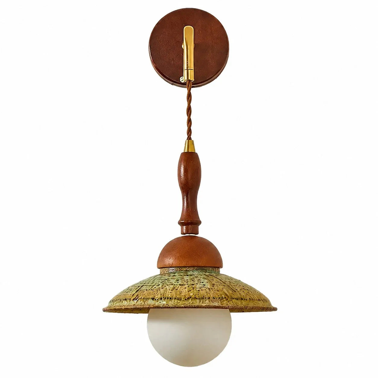 Unlit Japanese retro wall sconce showing the round backplate, wood stem, brass connector and shallow shade