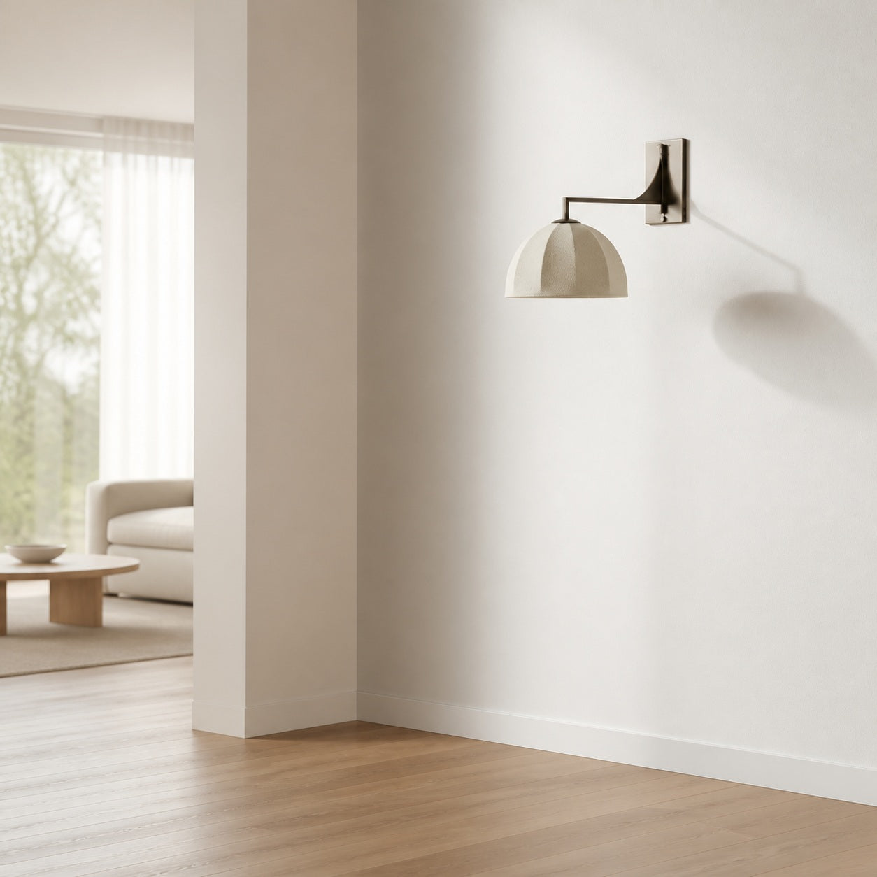 Lumarys Schwenkarm-Wandleuchte – Skulpturale Wandleuchte mit Leinenschirm im organischen Stil für Wohn- oder Schlafzimmer