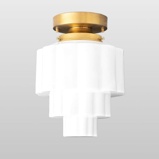 Geotower Glass Brass Ceiling Light – Art Deco Ribbed Globe Flush Mount